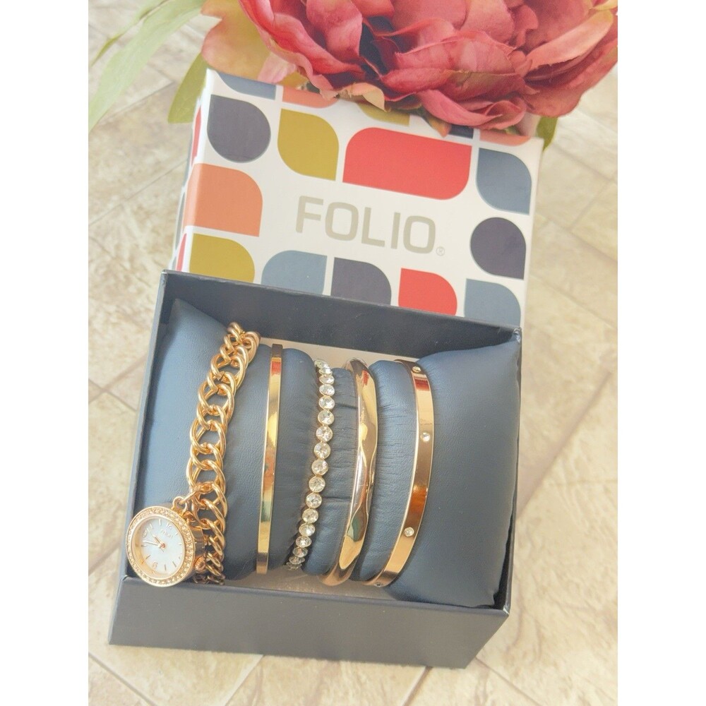 NEW IN BOX Folio Women’s Gold Tone Wrist Watch & 4 Bracelet Boxed Gift Set - Picture 9 of 11